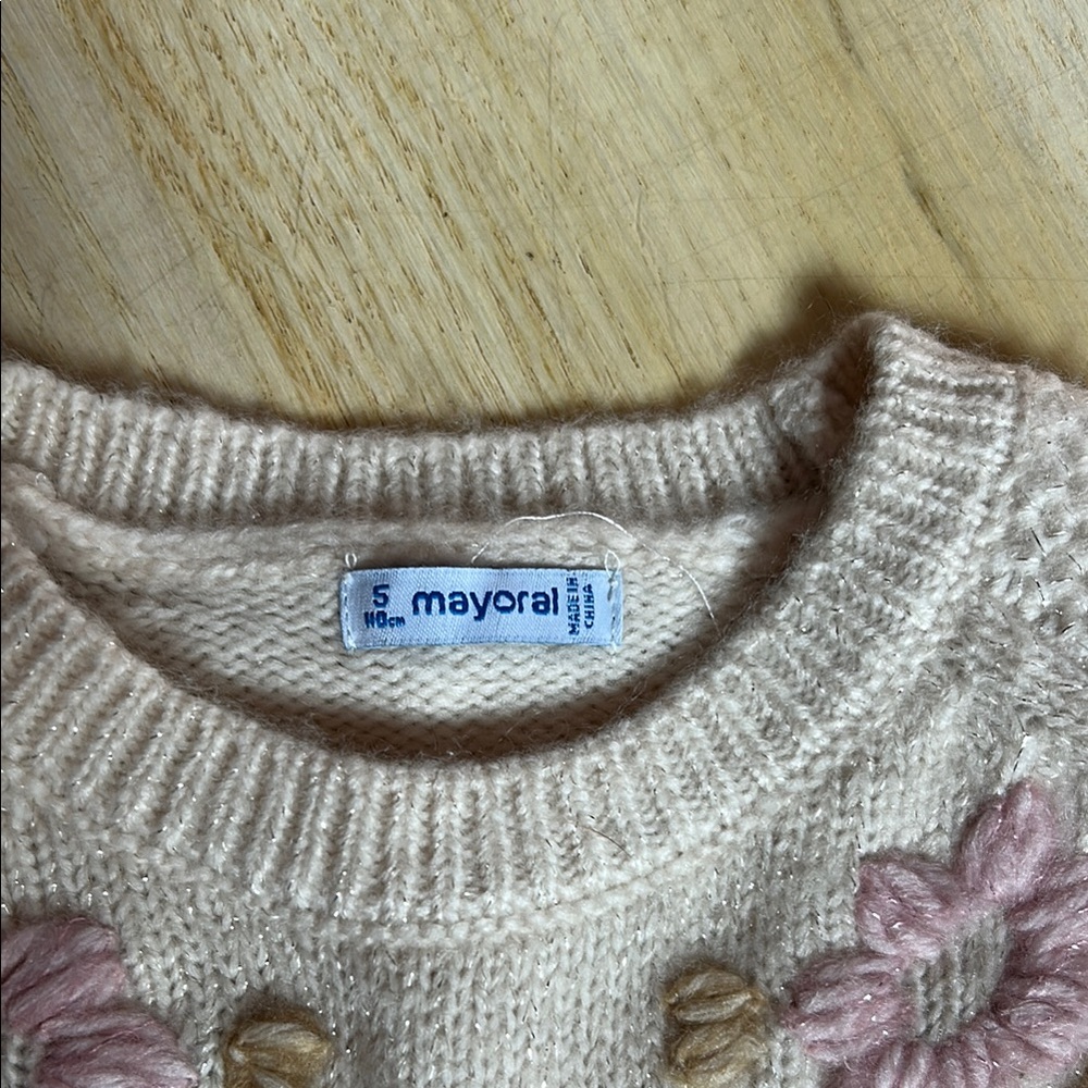 Girls Cream Sweater with Pink Floral Embroidery - Picture 3 of 7